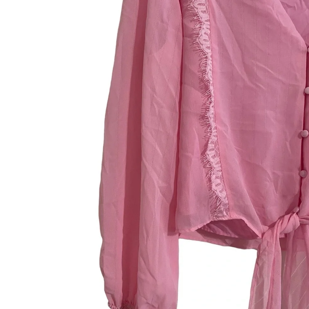 WAYF Pink Lace Trim Knotted Long Sleeve Blouse I Size: M - Picture 5 of 13